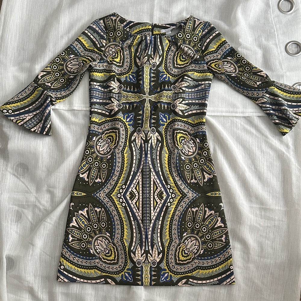 New York & Company Green and Blue Patterned Long Sleeve Dress